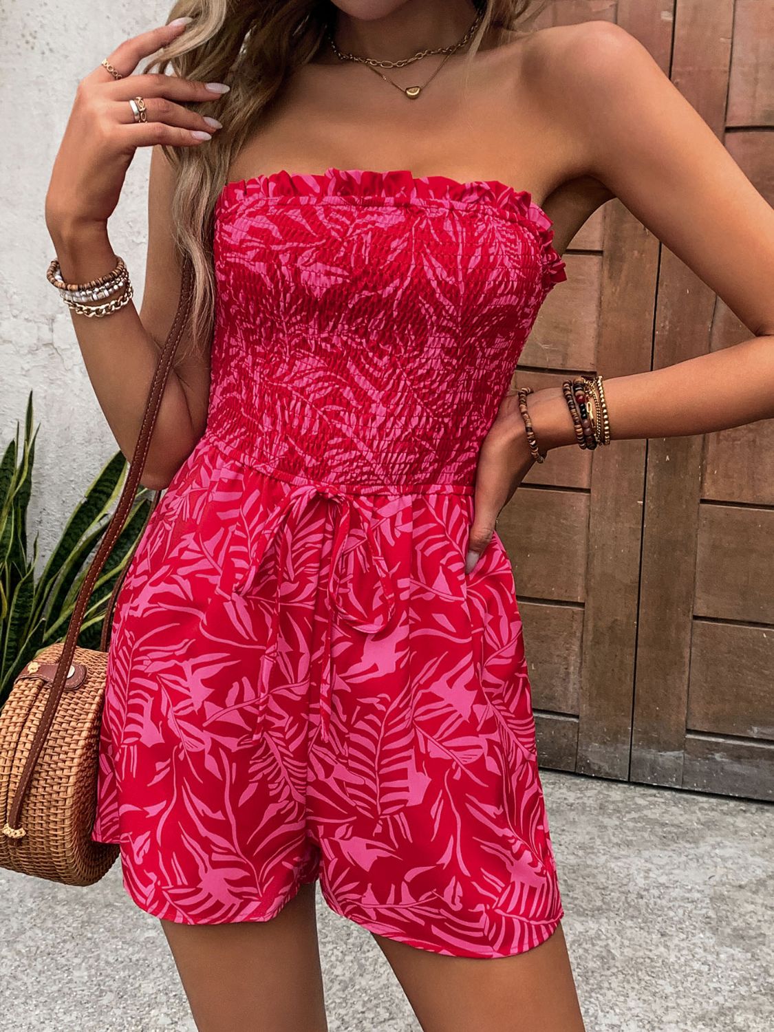 Load image into Gallery viewer, Perfee Smocked Printed Tube Romper with Pockets