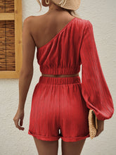 Load image into Gallery viewer, One Shoulder Long Sleeve Top and Shorts Set
