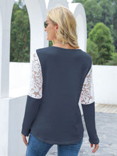 Load image into Gallery viewer, Waffle-Knit Lace Round Neck Long Sleeve T-Shirt
