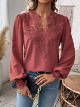 Load image into Gallery viewer, Swiss Dot Lace Detail Notched Long Sleeve Blouse
