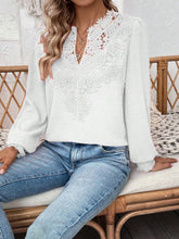 Load image into Gallery viewer, Swiss Dot Lace Detail Notched Long Sleeve Blouse
