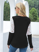 Load image into Gallery viewer, Waffle-Knit Lace Round Neck Long Sleeve T-Shirt

