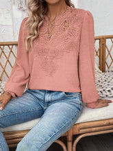 Load image into Gallery viewer, Swiss Dot Lace Detail Notched Long Sleeve Blouse
