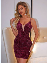 Load image into Gallery viewer, Lace-Up Sequin Plunge Sleeveless Dress
