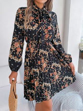 Load image into Gallery viewer, Pleated Printed Tie Neck Long Sleeve Dress
