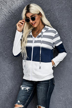 Load image into Gallery viewer, Striped Color Block Drawstring Zip Up Hoodie
