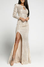 Load image into Gallery viewer, Sequin Cutout Ruched Split Long Sleeve Maxi Dress - hc
