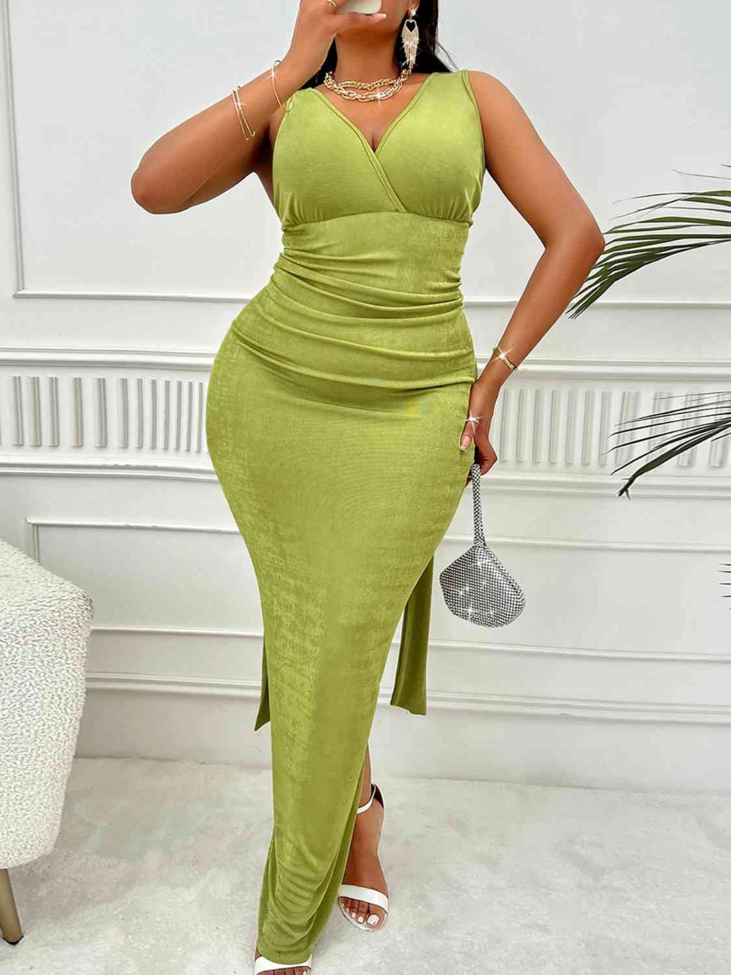 Plus Size Backless Ruched Dress -hc