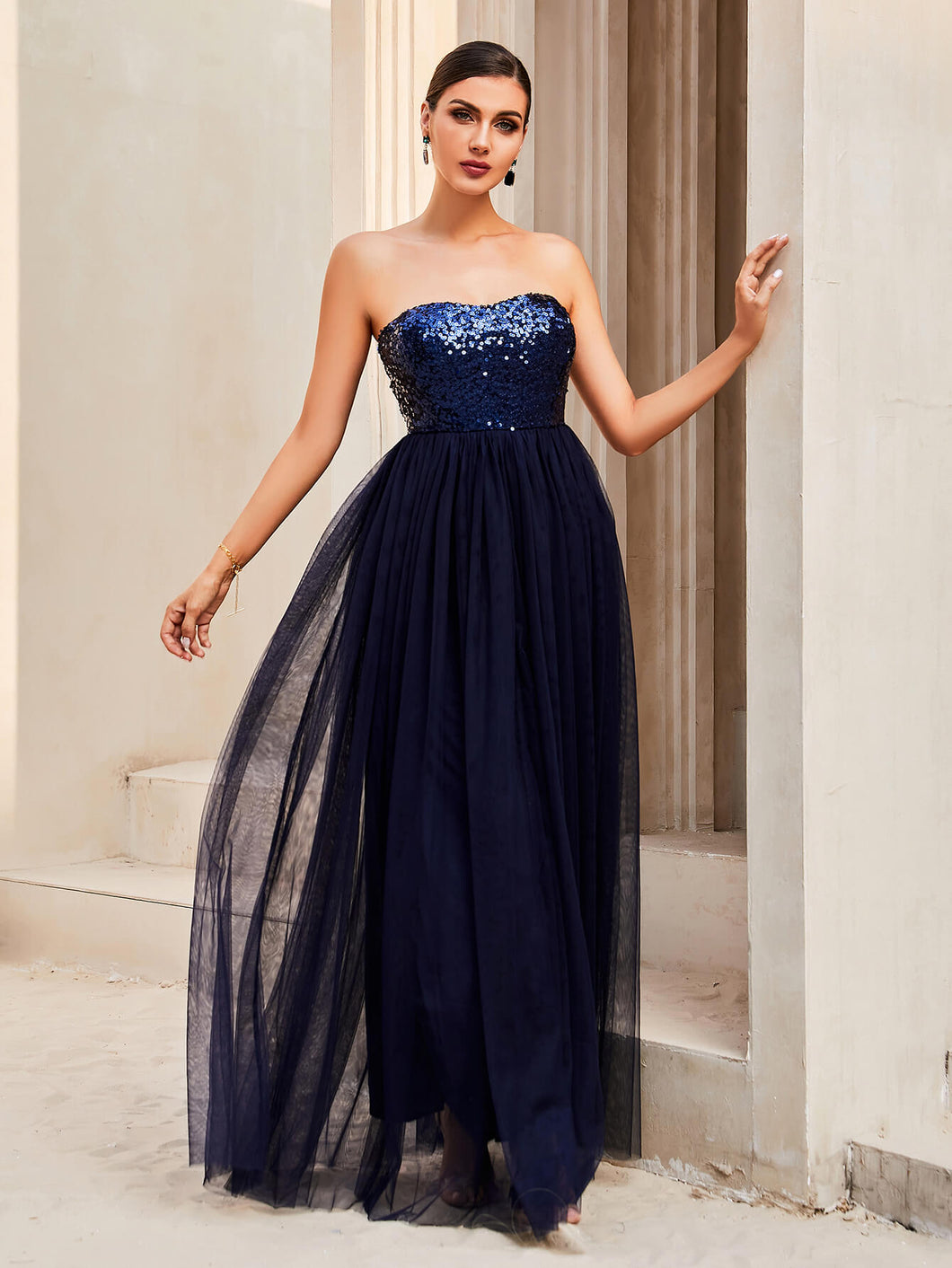 Sequin Strapless Spliced Tulle Dress - hc