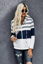 Load image into Gallery viewer, Striped Color Block Drawstring Zip Up Hoodie
