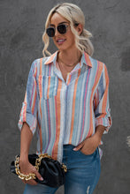 Load image into Gallery viewer, Striped Button-Up Curved Hem Shirt with Breast Pocket
