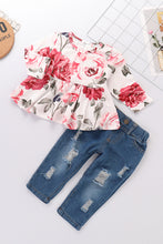 Load image into Gallery viewer, Girls Floral Babydoll shirt and Jeans Set
