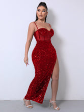 Load image into Gallery viewer, Sequin Spliced Mesh Adjustable Strap Dress - hc
