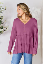 Load image into Gallery viewer, Double Take Half Button Long Sleeve Ruffle Hem Blouse
