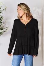 Load image into Gallery viewer, Double Take Half Button Long Sleeve Ruffle Hem Blouse
