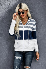 Load image into Gallery viewer, Striped Color Block Drawstring Zip Up Hoodie
