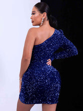 Load image into Gallery viewer, Sequin One-Shoulder Tulip Hem Bodycon Dress - hc
