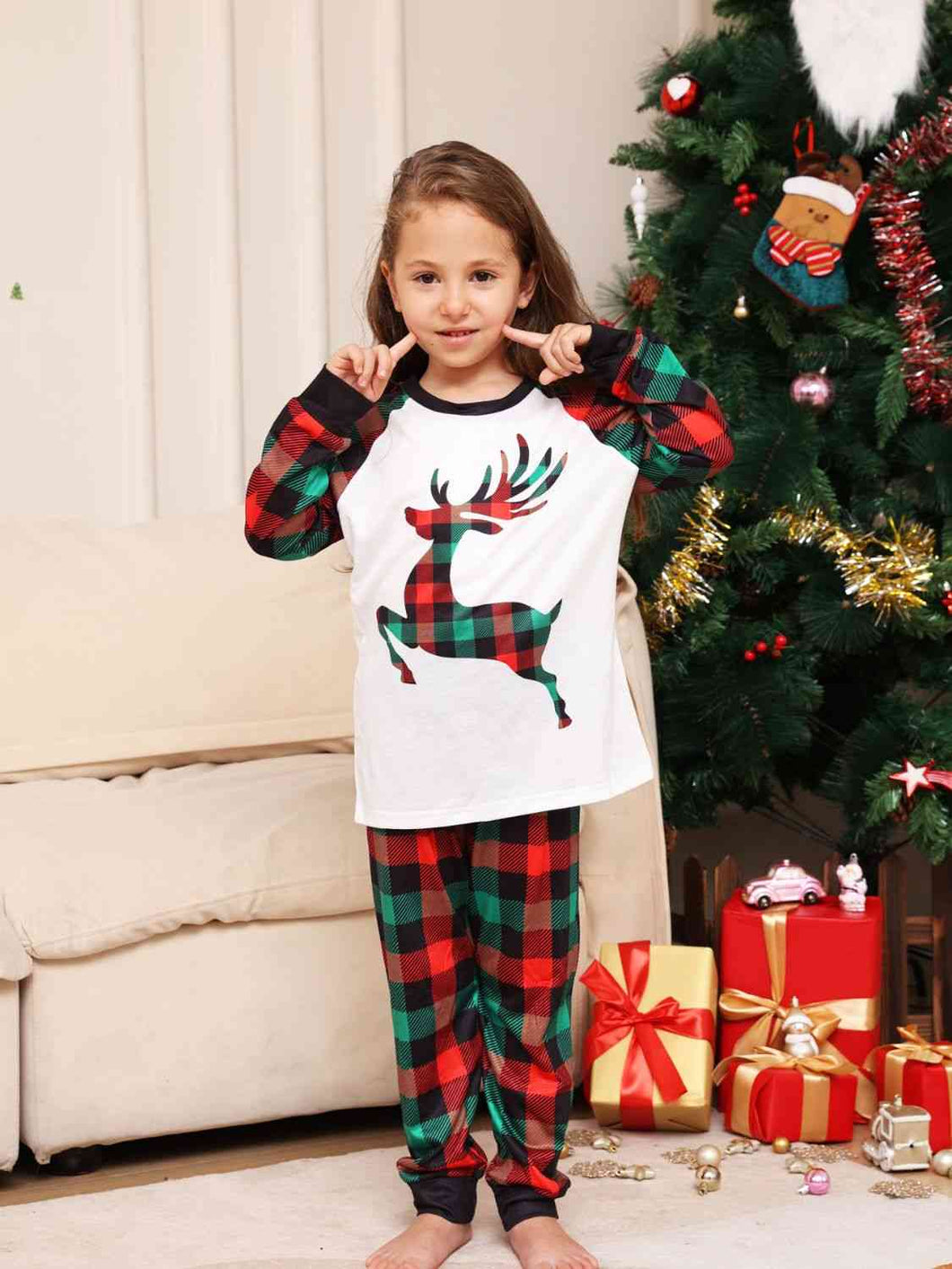 Reindeer Graphic Top and Plaid Pants Set - pjs