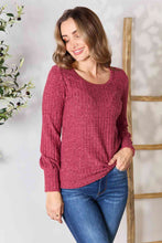 Load image into Gallery viewer, Double Take Ribbed Round Neck Lantern Sleeve Blouse
