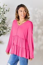 Load image into Gallery viewer, Double Take Half Button Long Sleeve Ruffle Hem Blouse
