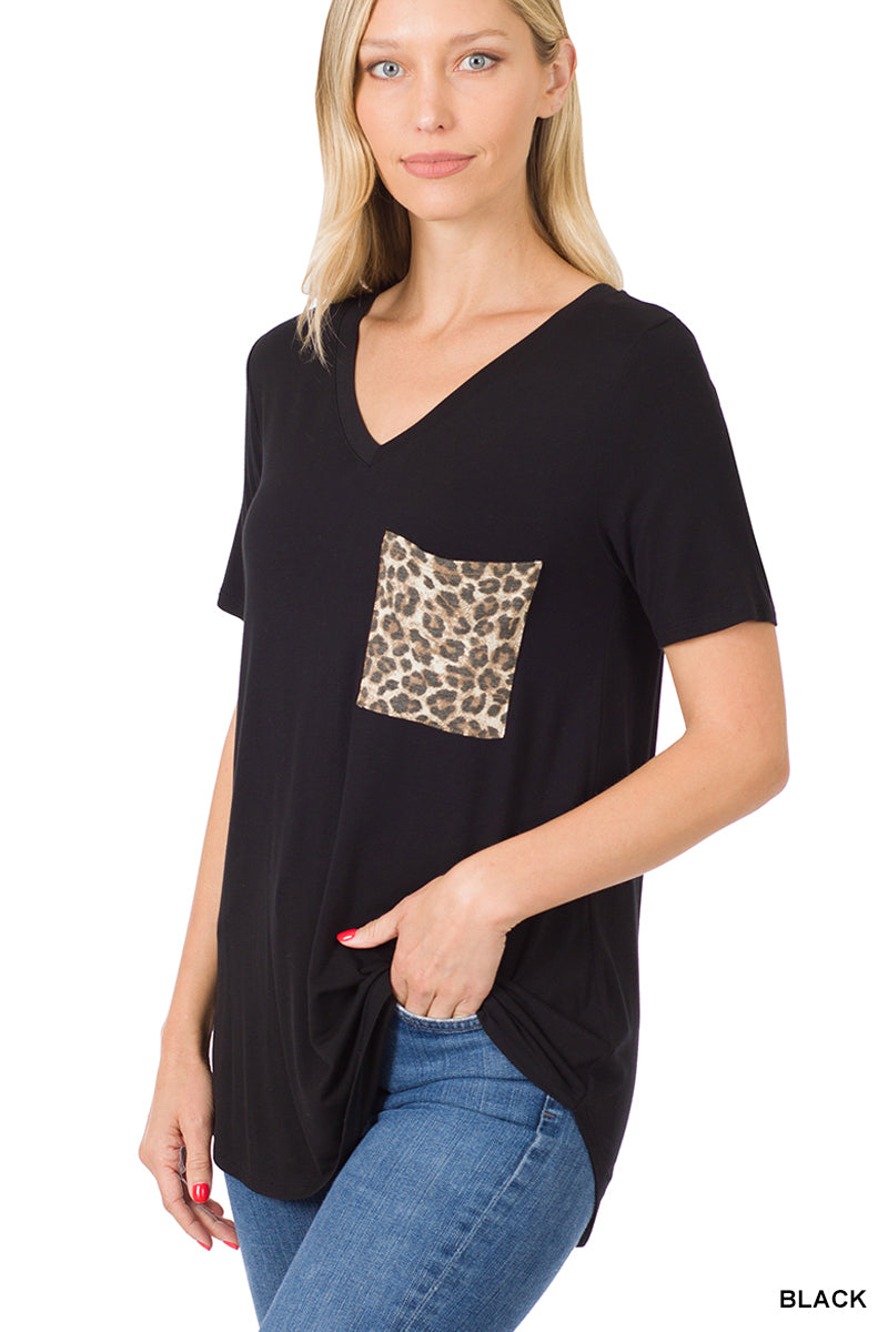 LUXE RAYON SHORT SLEEVE LEOPARD POCKET TOP