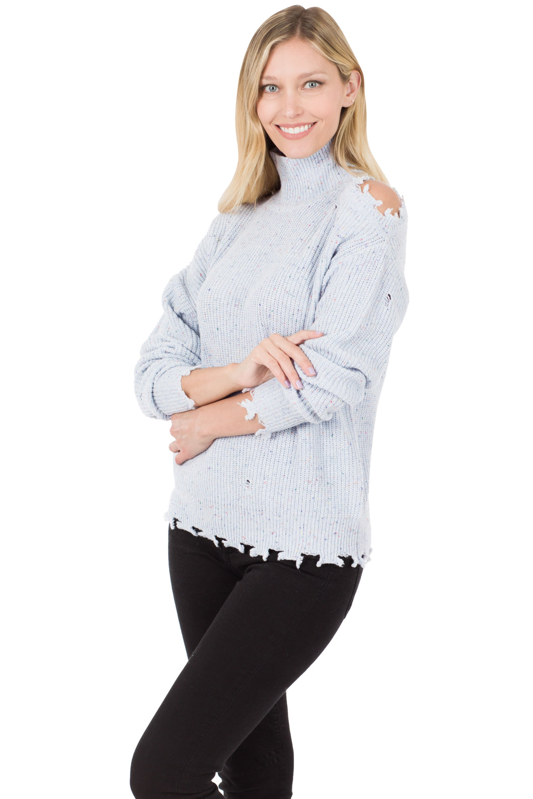 CUTOUT TURTLENECK SPECKLED SWEATER - top - sale