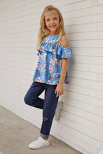 Load image into Gallery viewer, Girls Floral Cold-Shoulder Ruffled shirt
