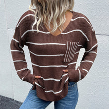 Load image into Gallery viewer, Striped V-Neck Slit Dropped Shoulder Sweater
