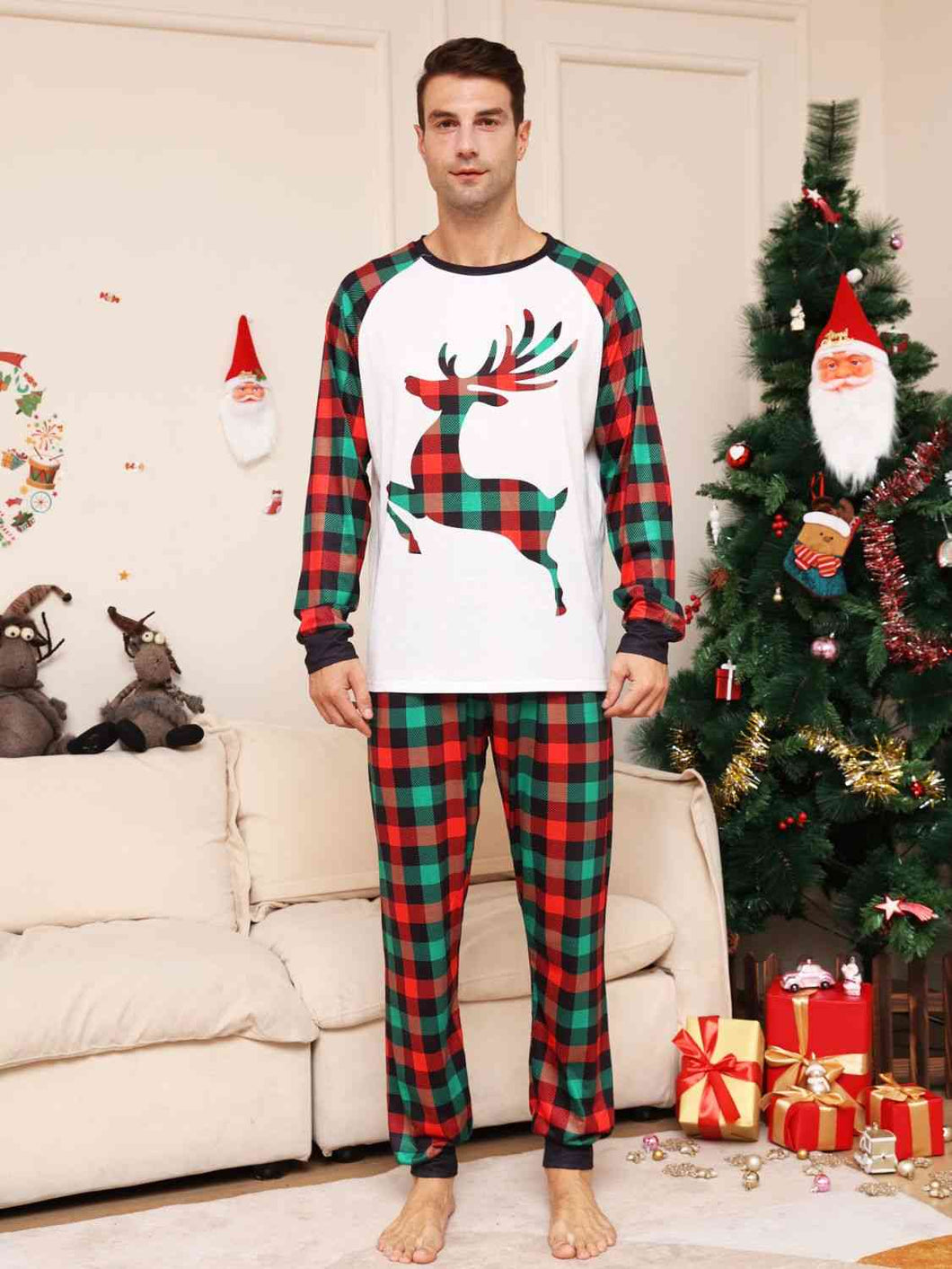 Full Size Reindeer Graphic Top and Plaid Pants Set - pjs