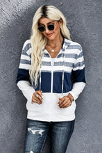 Load image into Gallery viewer, Striped Color Block Drawstring Zip Up Hoodie
